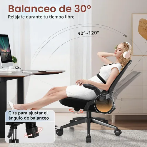Vista 5 de GTPLAYER Silla de oficina ergonómica con reposabrazos abatibles, silla ejecutiva para computadora en casa, malla transpirable y cómodo soporte Negro