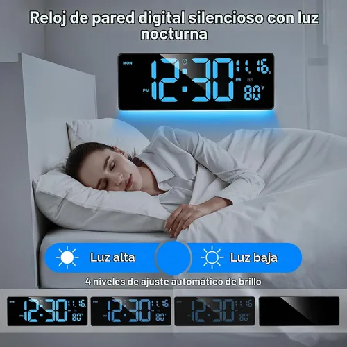 Vista 5 de XREXS Reloj de pared digital con pantalla grande, reloj de pared LED de 16.5 pulgadas con 6 luces nocturnas que cambian de color, DST automático