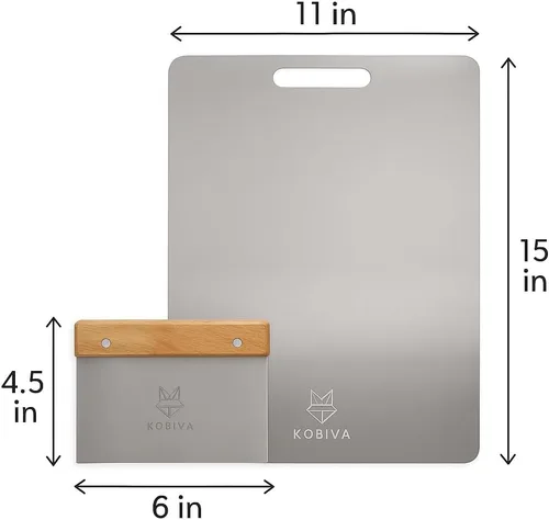 Vista 3 de Juego de tabla de cortar de acero inoxidable + raspador de banco con mango de madera, tabla de cortar de acero 304 de 15 x 11, apta