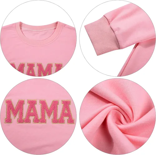 Vista 7 de SUPEYA Sudadera para mujer con parche de purpurina para mamá, camiseta con estampado de letras de mamá, manga larga, holgada, a la moda
