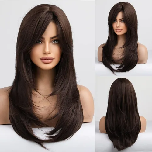 Vista 10 de HAIRCUBE Pelucas largas de color marrón oscuro con reflejos para mujer, peluca de pelo sintético rizado ondulado para uso diario