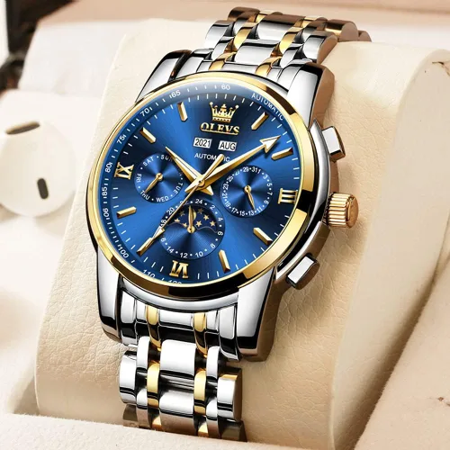Vista 2 de OLEVS Reloj automático para hombre mecánico de cuerda automática reloj de pulsera clásico de acero inoxidable fecha impermeable puntero luminoso