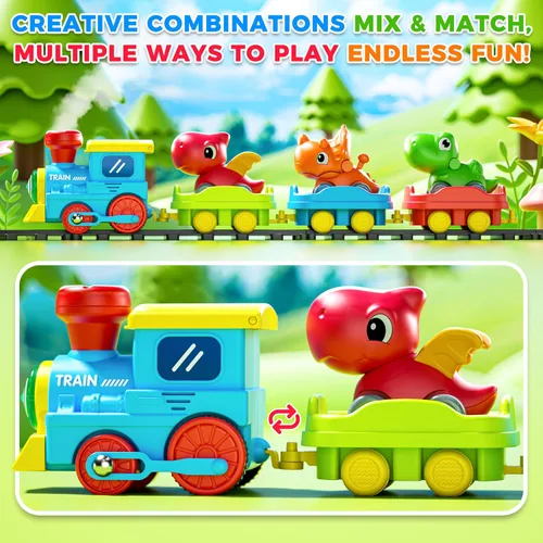 Vista 7 de Juego de tren para niños pequeños con vapor, música, luces y 3 autos de Verde