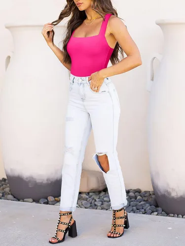Vista 4 de Reoria - Camiseta sin mangas sexy tipo body con escote cuadrado para mujer, ropa para discoteca