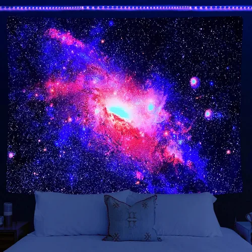 Vista 3 de Pósteres de luz negra para adultos, tapiz de luz negra galaxia, tapiz de pared espacial con estrellas moradas, tapiz reactivo a los rayos UV