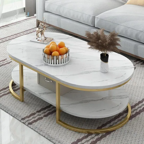 Vista 4 de LITFAD Mesa de centro moderna ovalada de mármol sintético con marco de metal dorado, mesa de sala de estar con estante mesa de cóctel, estantes