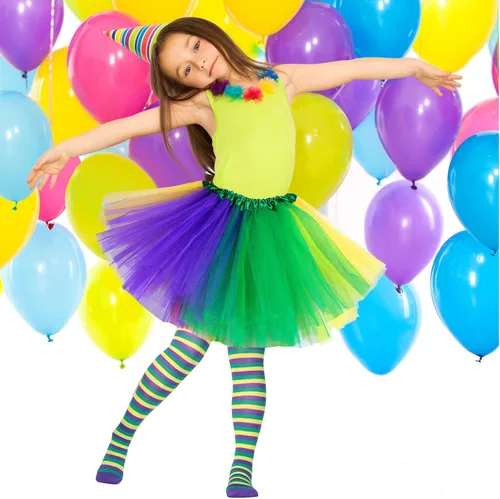 Vista 7 de Juego de 2 piezas de disfraz de Mardi Gras, falda tutú de bailarina colorida y medias a rayas por encima de la rodilla para eventos y fiestas