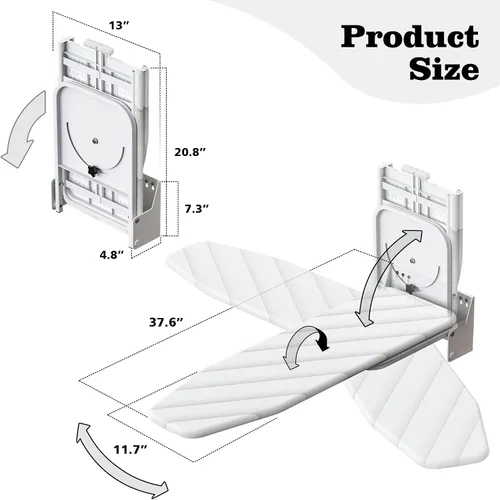 Vista 2 de Tabla de planchar montada en la pared de 37.4 x 11.8 pulgadas, tabla de hierro plegable de montaje compacto plegable de 180° con cubierta resistente