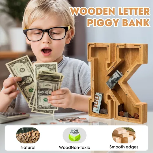 Vista 2 de Alcancía de madera con letras para niños, niñas y adultos, 10 pulgadas, grande, 26 letras, irrompible, caja de dinero, con calcomanía de bricolaje