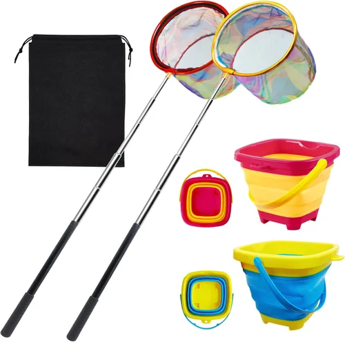 Vista 8 de 2PCS Fishing Net with Bucket, Telescopic Fishing Landing Net, Collapsible Youth Sand Bucket, Youth Fish Butterfly Catching for Freshwater Saltwater