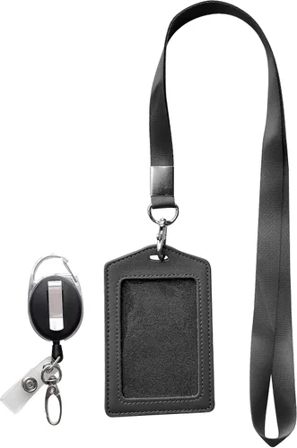 Vista 3 de Funda para tarjeta de identificación + cordón resistente (negro) + mosquetón retráctil de carrete y clip de plástico (cuero genuino)