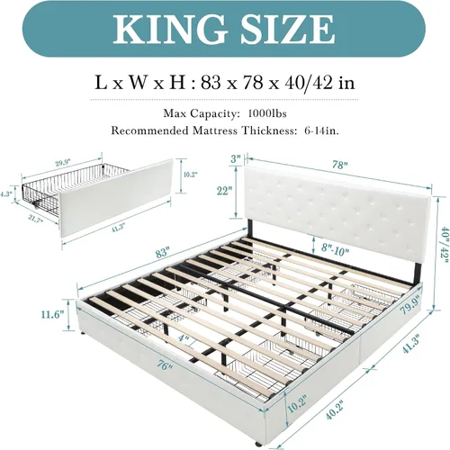 Vista 2 de HOOMIC Marco de cama de almacenamiento de plataforma King con 4 cajones y cabecera ajustable, listones de madera, no necesita somier, diseño Blanco