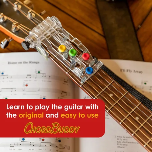 Vista 4 de ChordBuddy “hecho en EE.UU.” - Aprendizaje de guitarra con un ChordBuddy para diestros y un código QR para descargas digitales de libro