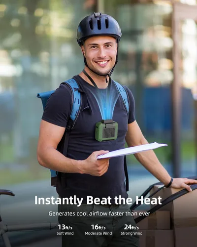 Vista 2 de Mini ventilador de cintura portátil recargable con tiempo de trabajo de 23 horas, flujo de aire fuerte de 6200 RPM, 3 niveles de velocidad
