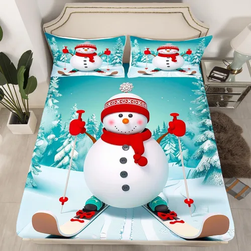 Vista 18 de Erosebridal Juego de ropa de cama de muñeco de nieve, tamaño individual, sábana bajera ajustable de esquí kawaii para árbol de Navidad, para niños