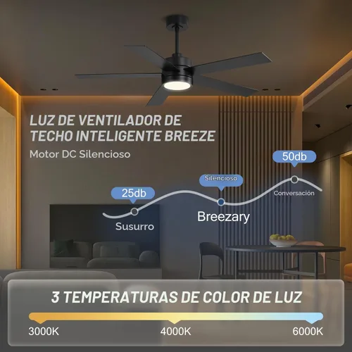 Vista 3 de Ventiladores de techo con luces y control remoto, ventilador de techo industrial de 52 pulgadas con motor de CC reversible, 6 velocidades, luz de 3