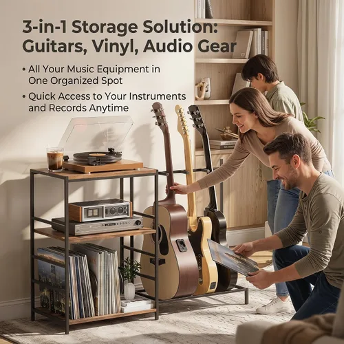 Vista 2 de Soporte de guitarra para múltiples guitarras acústicas con estante de almacenamiento de 3 niveles, estante de exhibición de guitarras, accesorios