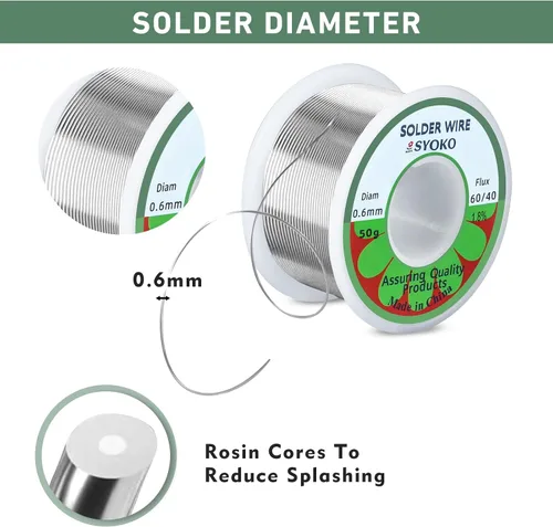 Vista 4 de SYOKO Alambre de soldadura de núcleo de colofonia de plomo de estaño de 60/40 0.024 in 1.76 oz para soldadura eléctrica, alambre de soldadura