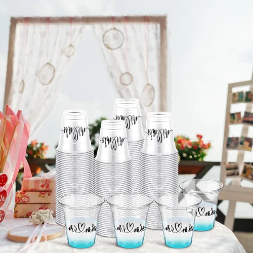 Vista 4 de Dandat Vasos desechables de plástico para boda a granel de 10 onzas con texto en inglés "Mr and Mrs Happily Ever After", vasos desechables