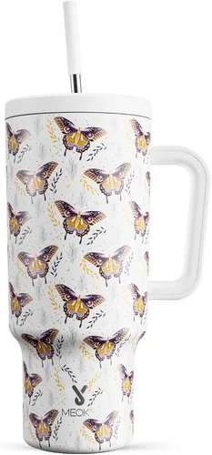 Vista 41 de Meoky - Vaso de 30 oz con asa, tapa y pajilla, taza de viaje térmica de acero inoxidable 100% a prueba de fugas, para portavasos, mantiene el frío