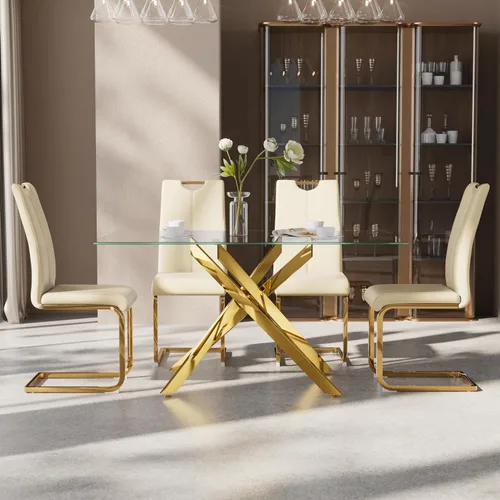 Vista 3 de Juego de mesa de comedor de 5 piezas para 4, mesa rectangular moderna de cristal con 4 sillas tapizadas de cuero, juegos de mesa y sillas de comedor