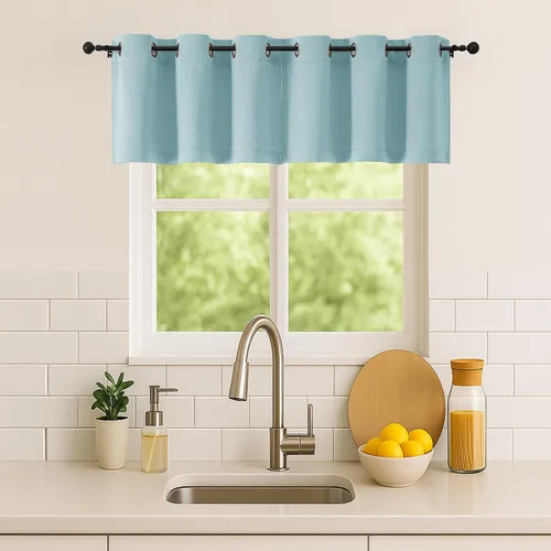 Vista 224 de Simplebrand Juego de 2 paneles de cenefa aguamarina para ventana de cocina de 14 pulgadas de largo, cortinas de oscurecimiento de habitación