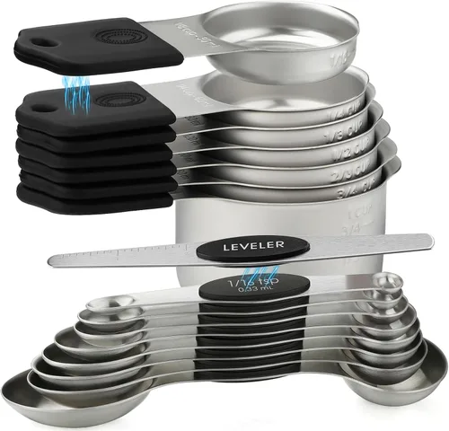 Vista 10 de Juego de 7 tazas medidoras magnéticas apilables de acero inoxidable para medir ingredientes secos y líquidos