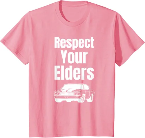 Vista 80 de Divertido regalo de auto para chicos – Respect Your Elders Classic Muscle Car Camiseta, Negro, S