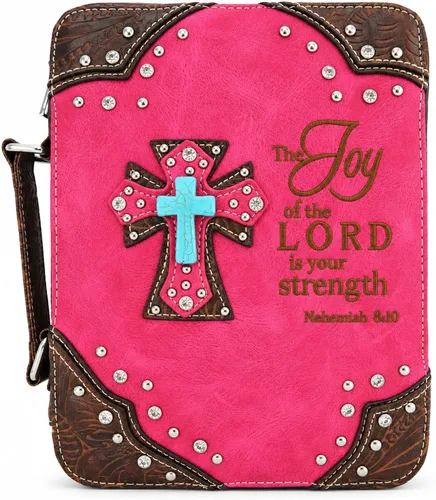 Vista 6 de Western Cross - Funda para la Biblia para mujer con correa, Escritura Nehemías 8:10 (#2 Fucsia)
