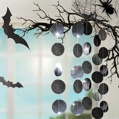 Vista 5 de JEYE Guirnalda de círculos negros para fiesta, decoración de lunares colgantes, banderines, telón de fondo para cumpleaños, graduación, decoración