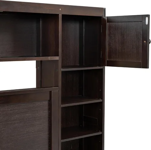Vista 6 de Versátil cama de plataforma de madera tamaño Queen con armario y nido todo en uno, estante y enchufes, para niños, adolescentes y adultos, uso