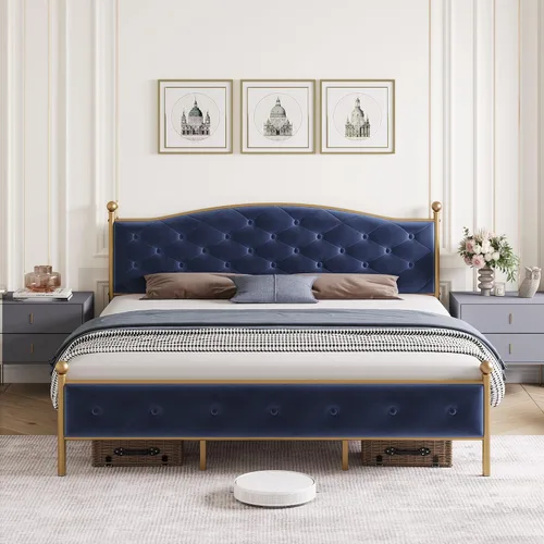 Vista 3 de Base de cama tapizada de tamaño matrimonial con botones y tela de terciopelo, base de colchón resistente con marco de metal y listones de madera