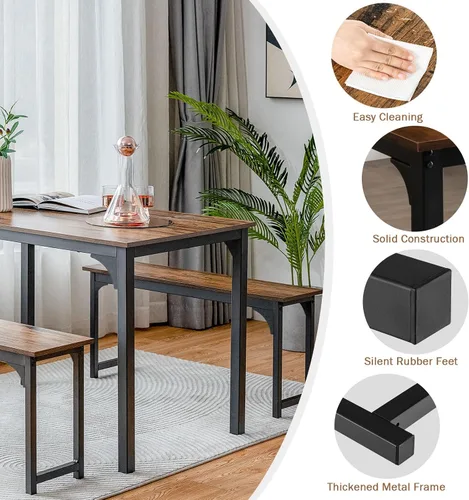 Vista 4 de NAFORT Juego de mesa de comedor para 4, mesa de cocina de 3 piezas con 2 bancos, mesa de comedor de 43.5 pulgadas que ahorra espacio con marco