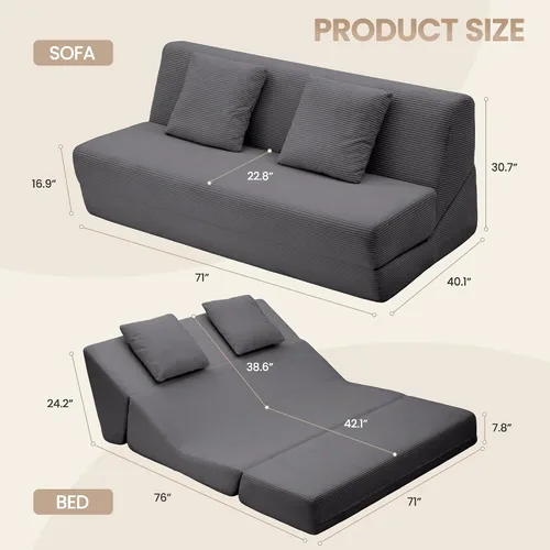 Vista 2 de Sofá cama plegable, silla convertible con almohadas, espuma viscoelástica de alto soporte y tela de pana suave, cómodo sofá cama de dos plazas