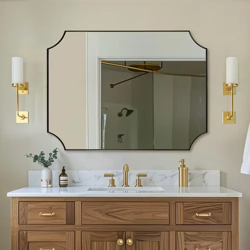 Vista 10 de ANDY STAR Espejo de baño de bronce cepillado, espejo festoneado de 24 x 36 pulgadas para baño, espejo rectangular de bronce antiguo con marco