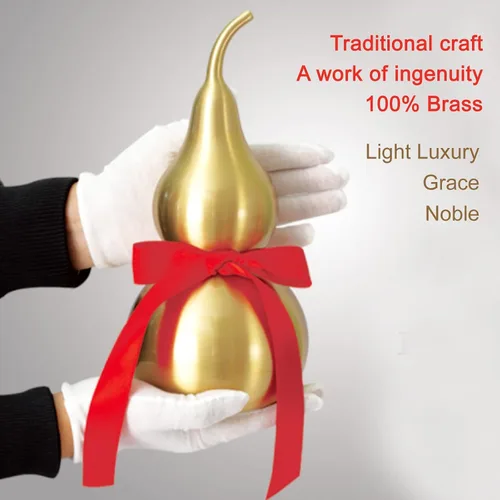 Vista 7 de Calabaza de latón Feng Shui Wu Lou con tira de la suerte roja para decoración de decoración de decoración del hogar, 7.87 pulgadas de alto, latón
