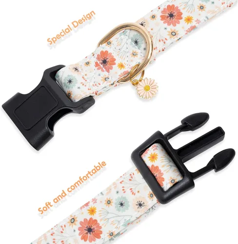 Vista 6 de Faygarsle - Collar de algodón para perros, collar de diseñador para hembras, tamaños pequeños, medianos y grande, diseño de flores con dijes de Beige