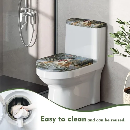 Vista 4 de Juego de decoración de baño de 2 piezas con diseño de muñeco de nieve de Navidad, cubierta de tanque para asiento de inodoro