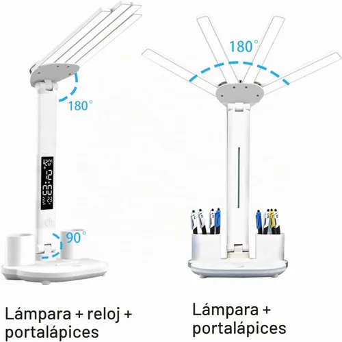 Vista 2 de Lámpara de escritorio LED con reloj, lámpara de estudio plegable, 3 modos de iluminación, lámpara de mesa regulable para cuidado de los ojos