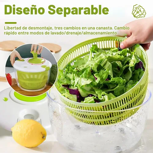 Vista 4 de Ensalada hilandera, secadora de lavado de verduras y frutas, hiladora de lechuga, para lavar frutas, verduras, pasta, verde, 5L