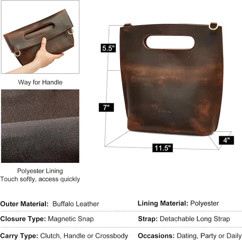 Vista 3 de S-ZONE Women Vintage Genuine Leather Crossbody Bag Distressed Foldable Clutch Top Handle Handbag Purse