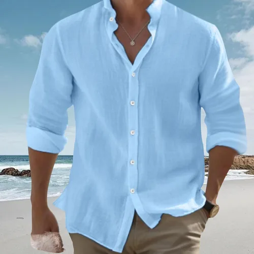 Vista 3 de Camisas de algodón para hombre, de manga larga, con botones, con cuello liso, camisetas casuales para la playa