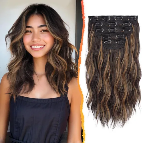 Vista 40 de BARSDAR Extensiones de cabello ondulado con clip negro marrón - 14 pulgadas, extensiones de cabello corto ondulado con clip para mujer - 5 piezas