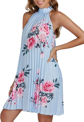 Vista 4 de Vrtige Vestido corto de mujer con cuello halter floral, plisado, sin mangas, dobladillo fluido, acampanado, para mujer