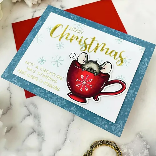 Vista 6 de Juego de sellos y troqueles transparentes de ratón y taza de Navidad de invierno para hacer tarjetas, plantillas de corte para álbumes de recortes