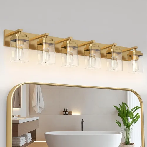 Vista 8 de Lámparas de baño de oro cepillado, 4 luces de baño sobre el espejo, diseño cuadrado y placa trasera grande rectangular, accesorios de iluminación