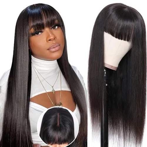 Vista 7 de Straight Human Hair Wigs with Bangs 180% Density 2x4 Lace Front Wigs with Bangs Closure Wear and Go Glueless Wigs 100% Brazilian Virgin Human Hair
