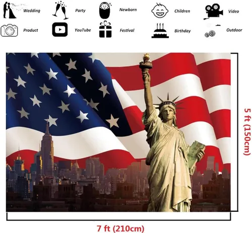 Vista 3 de Fondo de vinilo de 5 x 3 pies con bandera estadounidense, 4 de julio, celebra el Día Nacional, Estatua de la Libertad, Fondo de fotografía