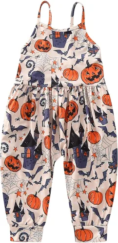 Vista 2 de Mameluco de verano para niñas pequeñas, con tirantes florales, pantalones de harén sueltos, pantalones de harén con bolsillos, marrón (Brown A), 3-4T