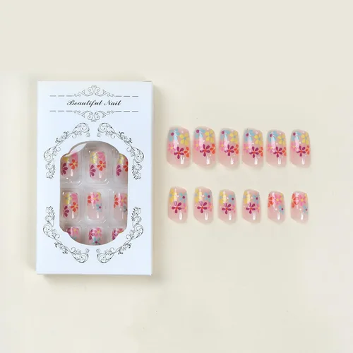 Vista 4 de Uñas postizas a presión con flores, uña corta cuadrada con diseños florales coloridos, uñas postizas de cobertura completa, uñas postizas brillantes